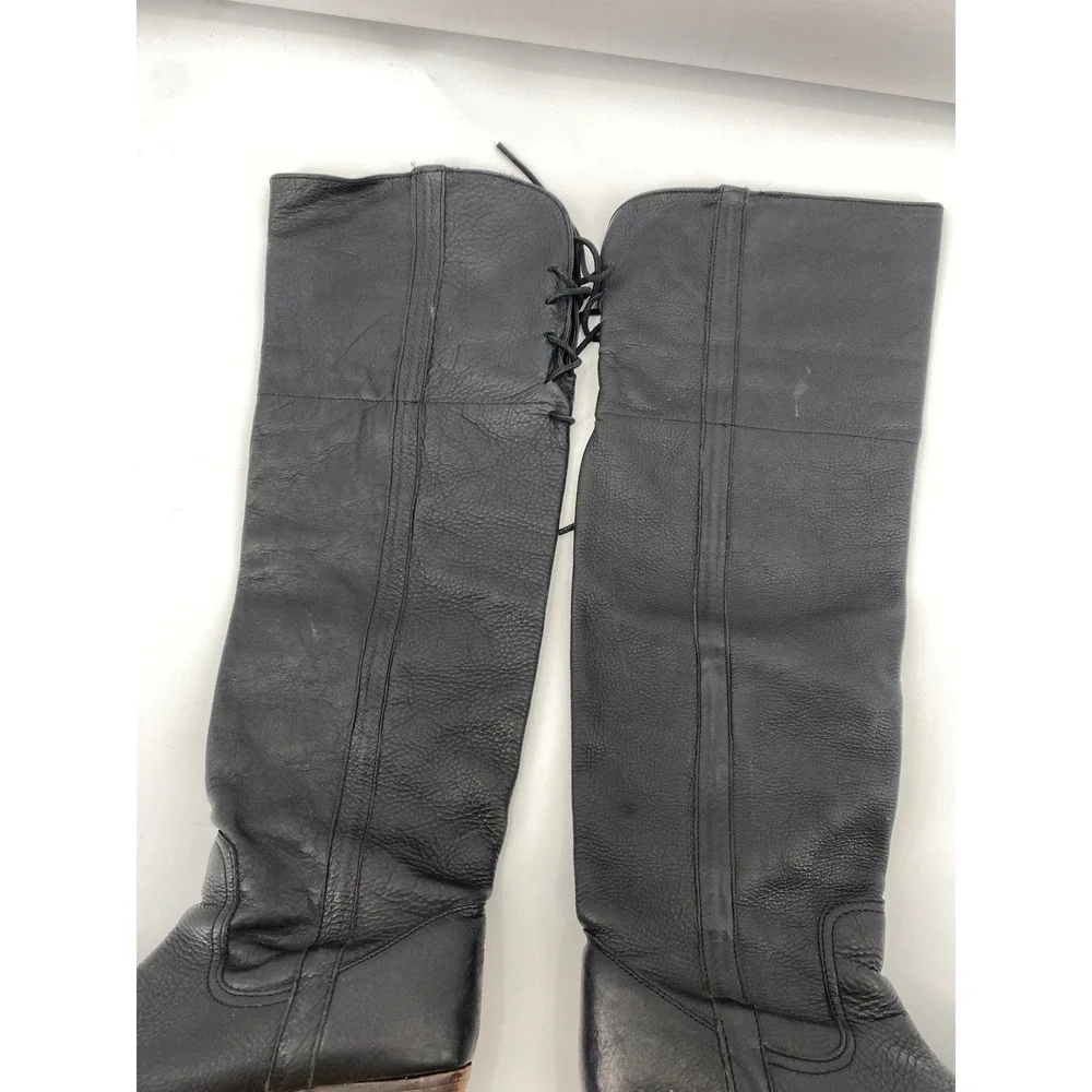 Free People Tall Lace Up Boots Women 38 Black Leather Block Heel Over The Knee